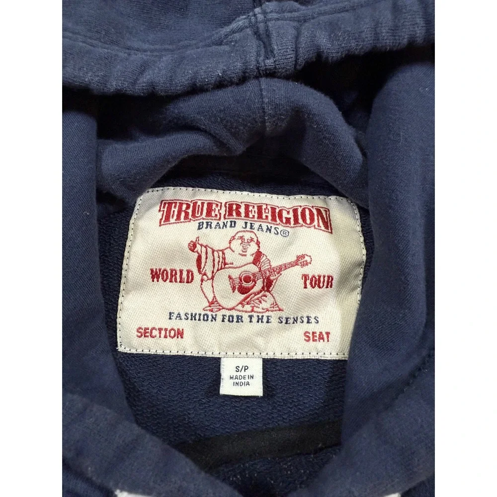 True Religion Hoodie Navy Blue S Varsity Chenille Patch Colorblock Skater Retro